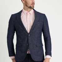 Medium Navy 6 Drop Regular Fit Standard Cut Patterned Linen Blend Jacket