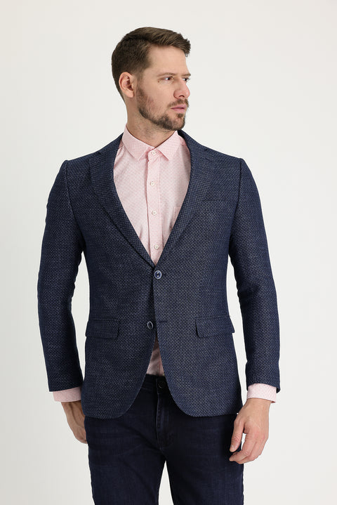Medium Navy 4 Drop Relaxed Fit Classic Patterned Jacket