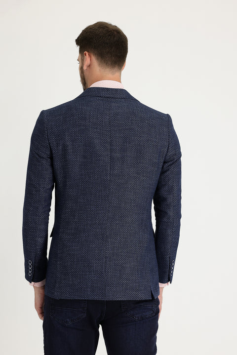 Medium Navy 6 Drop Regular Fit Standard Cut Patterned Linen Blend Jacket