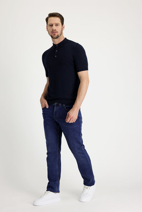 Dark Blue Regular Fit Standard Cut Lycra Denim Jeans