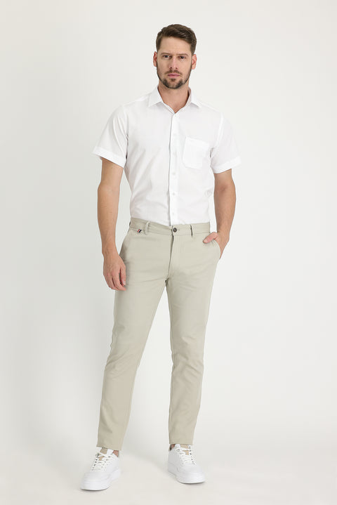 Mid Beige Regular Fit Standard Cut Patterned Lycra Canvas / Chino Trousers