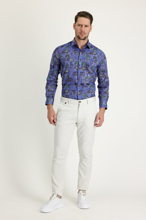 Ecru Regular Fit Standard Cut Patterned Lycra Canvas / Chino Trousers