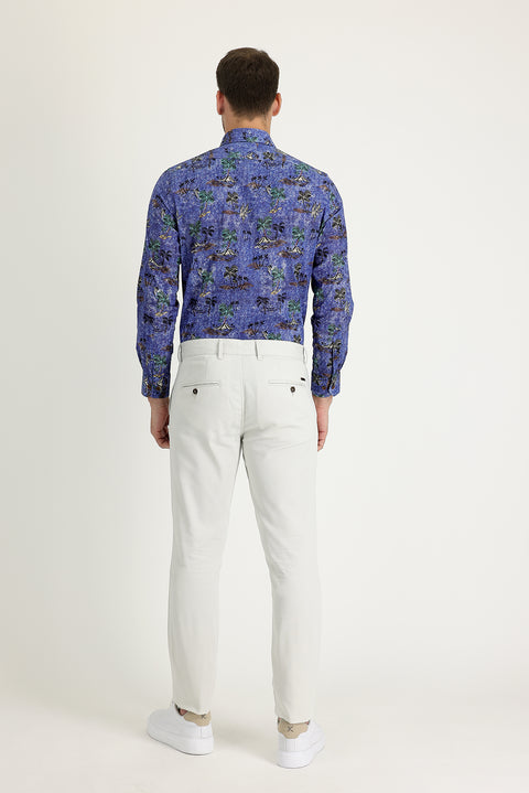Ecru Regular Fit Standard Cut Patterned Lycra Canvas / Chino Trousers