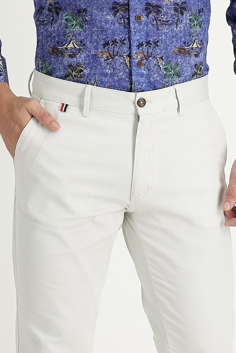 Ecru Regular Fit Standard Cut Patterned Lycra Canvas / Chino Trousers