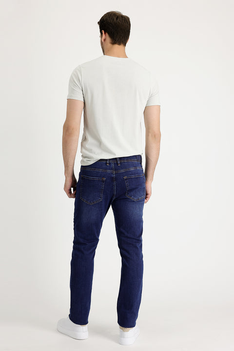 Mid-Dark Blue Regular Fit Standard Cut Lycra Denim Pants