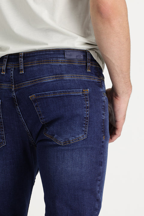 Mid-Dark Blue Regular Fit Standard Cut Lycra Denim Pants
