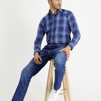 Mid-Dark Blue Regular Fit Standard Cut Lycra Denim Pants
