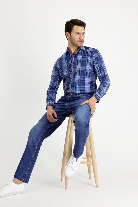 Mid-Dark Blue Regular Fit Standard Cut Lycra Denim Pants