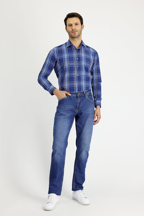Mid-Dark Blue Regular Fit Standard Cut Lycra Denim Pants