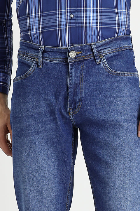 Mid-Dark Blue Regular Fit Standard Cut Lycra Denim Pants