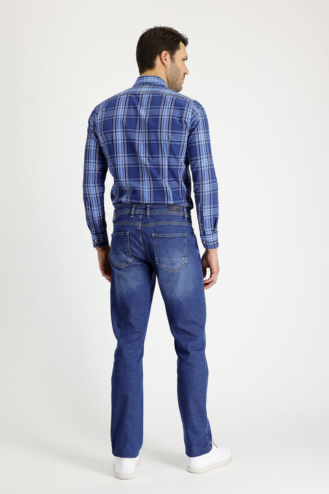 Mid-Dark Blue Regular Fit Standard Cut Lycra Denim Pants