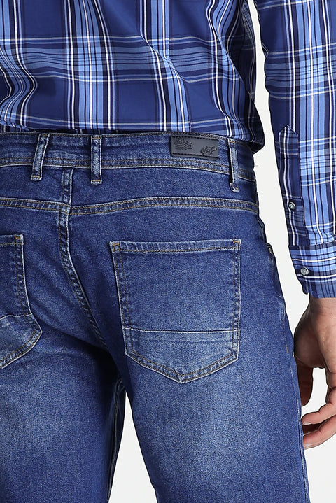 Mid-Dark Blue Regular Fit Standard Cut Lycra Denim Pants