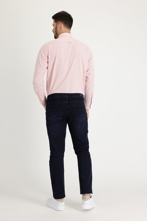 Dark Navy Regular Fit Standard Cut Lycra Denim Trousers