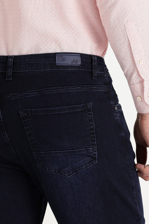 Dark Navy Regular Fit Standard Cut Lycra Denim Trousers