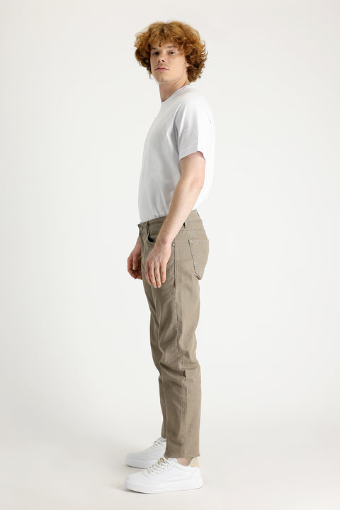 Dark Beige Regular Fit Standard Cut Lycra Denim Pants