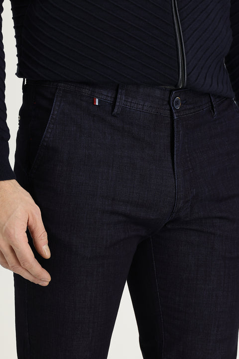 Medium Navy Blue Relaxed Fit Stretch Denim Look Trousers