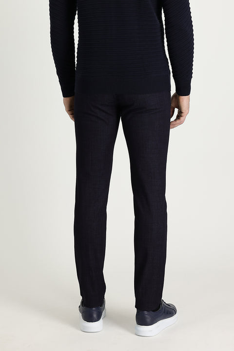 Medium Navy Blue Relaxed Fit Stretch Denim Look Trousers