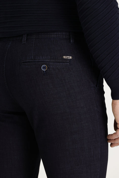 Medium Navy Blue Relaxed Fit Stretch Denim Look Trousers