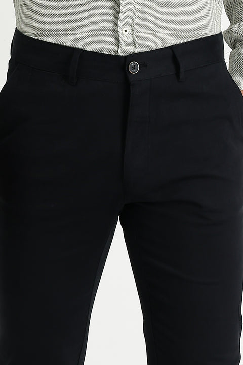 Black Regular Fit Standard Cut Lycra Canvas / Chino Trousers