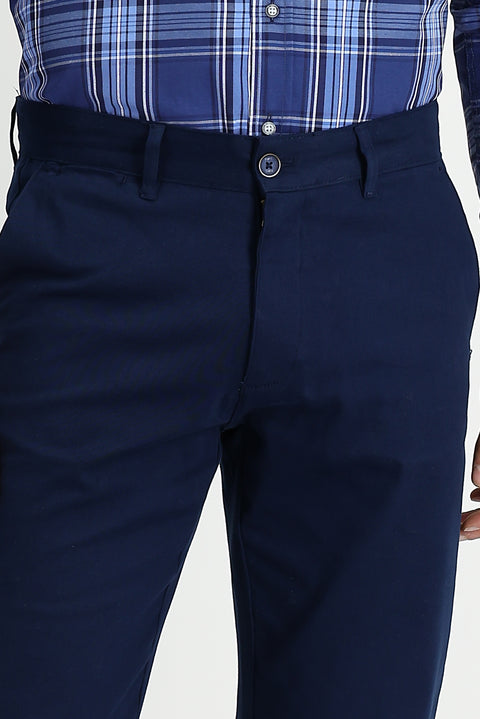Mid Navy Regular Fit Standard Cut Lycra Canvas / Chino Trousers