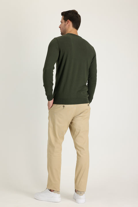 Koyu Bej Regular Fit Standart Kesim Likralı Kanvas / Chino Pantolon