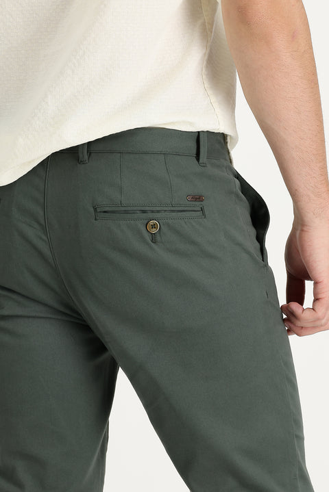 Dark Green Relaxed Fit Stretchy Canvas / Chino Trousers