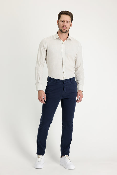 Mid Navy Regular Fit Standard Cut Lycra Canvas / Chino Trousers