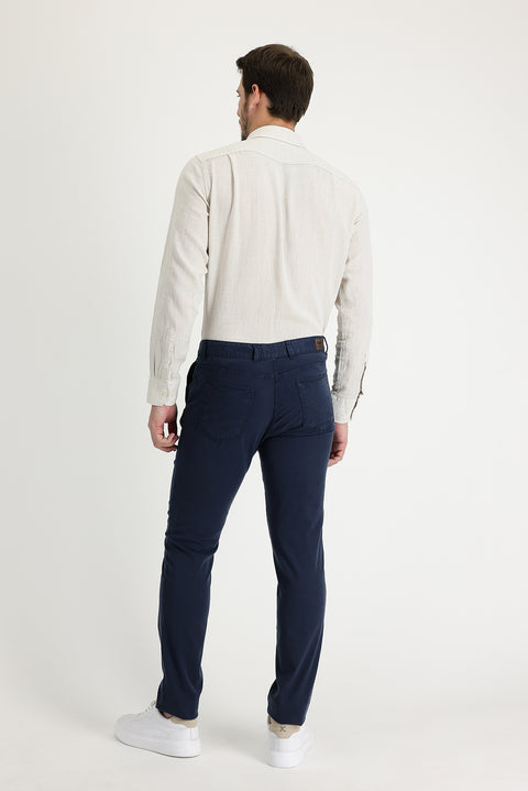 Mid Navy Regular Fit Standard Cut Lycra Canvas / Chino Trousers