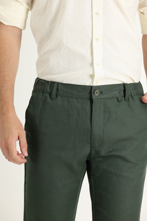 Olive 6 Drop Regular Fit Linen Blend Canvas/Chino Trousers