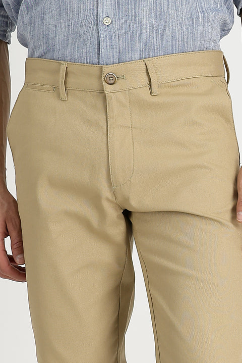 Dark Beige Regular Fit Standard Cut Lycra Canvas / Chino Trousers