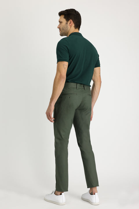 Oil Green-Olive Regular Fit Standard Cut Lycra Canvas / Chino Trousers