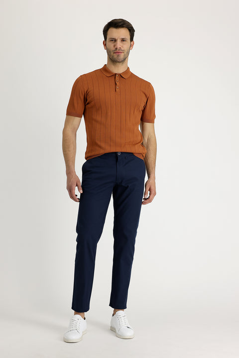Mid Navy Slim Fit Patterned Stretch Canvas / Chino Trousers