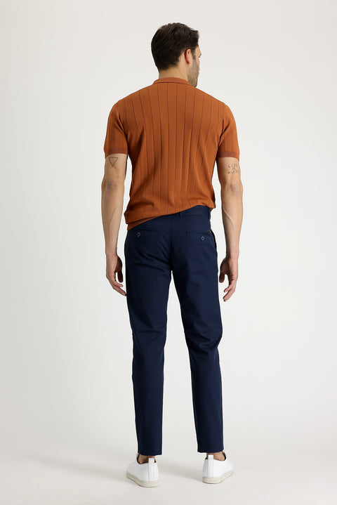 Mid Navy Slim Fit Patterned Stretch Canvas / Chino Trousers