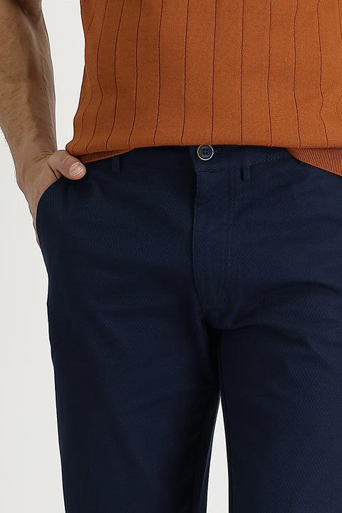Orta Lacivert Regular Fit Standart Kesim Desenli Likralı Kanvas / Chino Pantolon