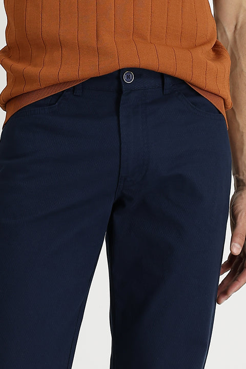 Mid-Navy Relaxed Fit Patterned Stretch Canvas / Chino Trousers