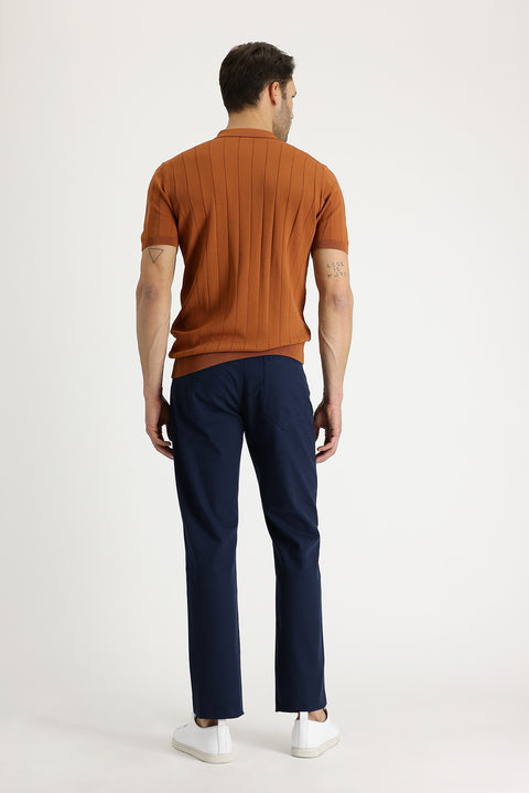 Medium Navy Regular Fit Standard Cut Patterned Lycra Canvas / Chino Trousers