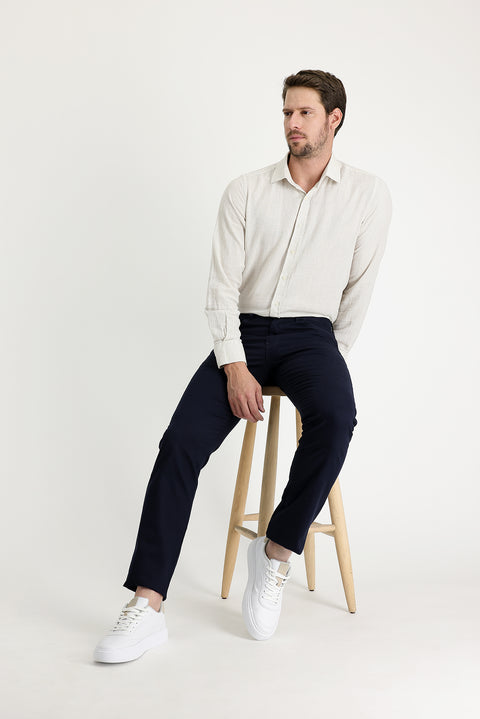 Dark Navy Regular Fit Standard Cut Patterned Lycra Canvas / Chino Trousers