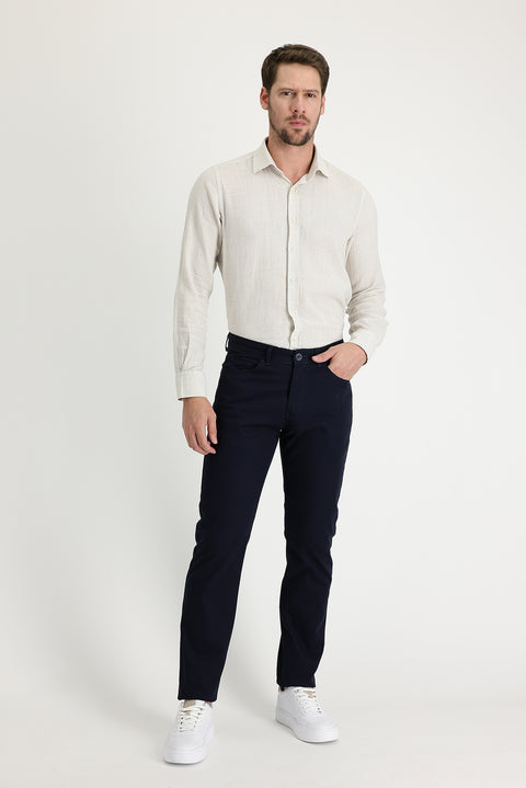 Dark Navy Regular Fit Standard Cut Patterned Lycra Canvas / Chino Trousers