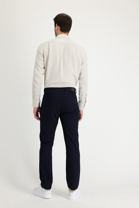 Dark Navy Regular Fit Standard Cut Patterned Lycra Canvas / Chino Trousers