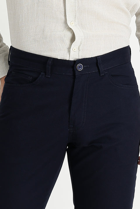 Dark Navy Regular Fit Standard Cut Patterned Lycra Canvas / Chino Trousers