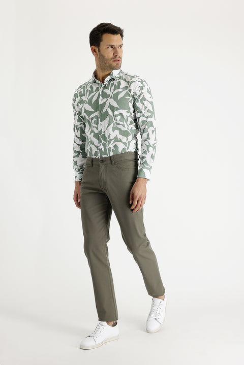 Light Khaki Slim Fit Patterned Stretch Canvas / Chino Trousers