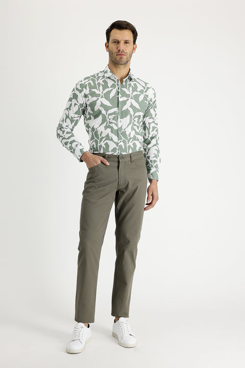 Light Khaki Slim Fit Patterned Stretch Canvas / Chino Trousers