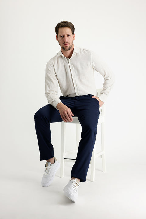 Medium Navy Regular Fit Standard Cut Patterned Lycra Canvas / Chino Trousers