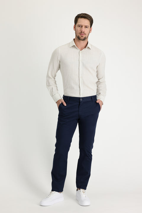 Medium Navy Regular Fit Standard Cut Patterned Lycra Canvas / Chino Trousers