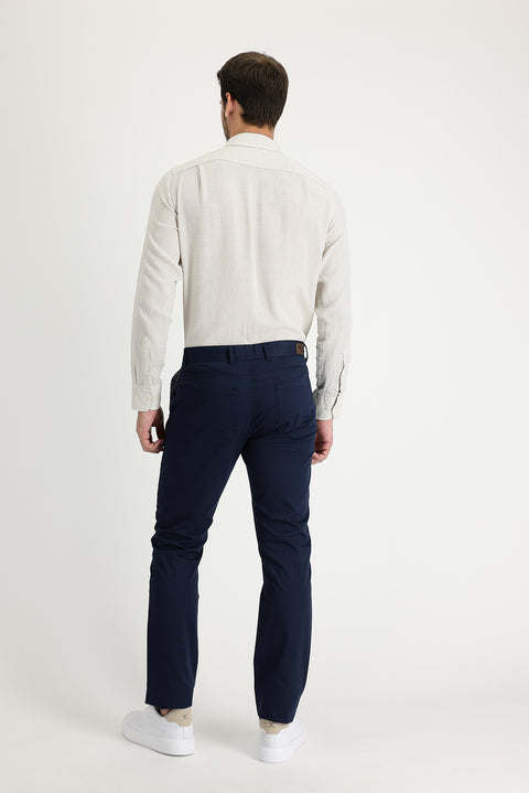Medium Navy Regular Fit Standard Cut Patterned Lycra Canvas / Chino Trousers