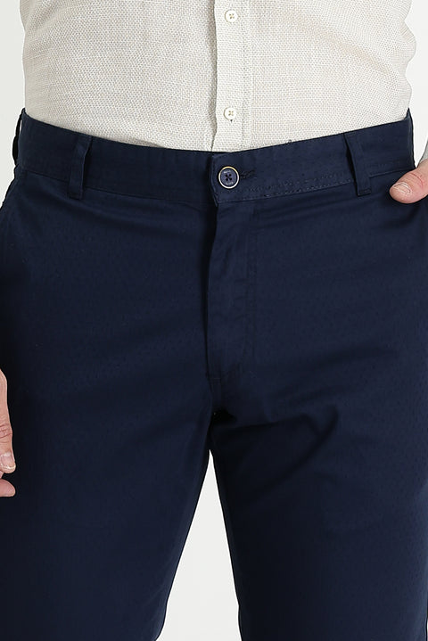 Medium Navy Regular Fit Standard Cut Patterned Lycra Canvas / Chino Trousers