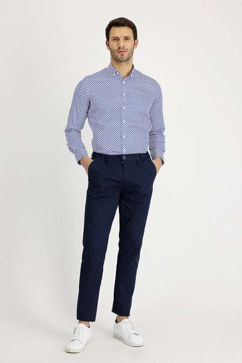 Mid Navy Slim Fit Patterned Stretch Canvas / Chino Trousers
