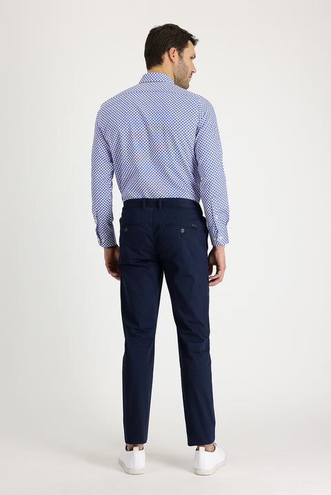 Mid Navy Slim Fit Patterned Stretch Canvas / Chino Trousers