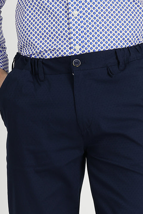 Mid Navy Slim Fit Patterned Stretch Canvas / Chino Trousers