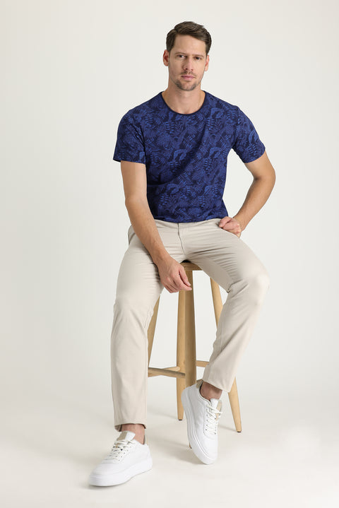 Krem Slim Fit Dar Kesim Desenli Likralı Kanvas / Chino Pantolon